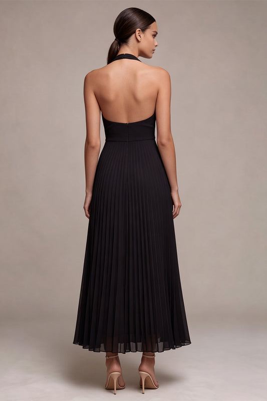 Chiffon Black A Line Pleated Halter Long Formal Dress