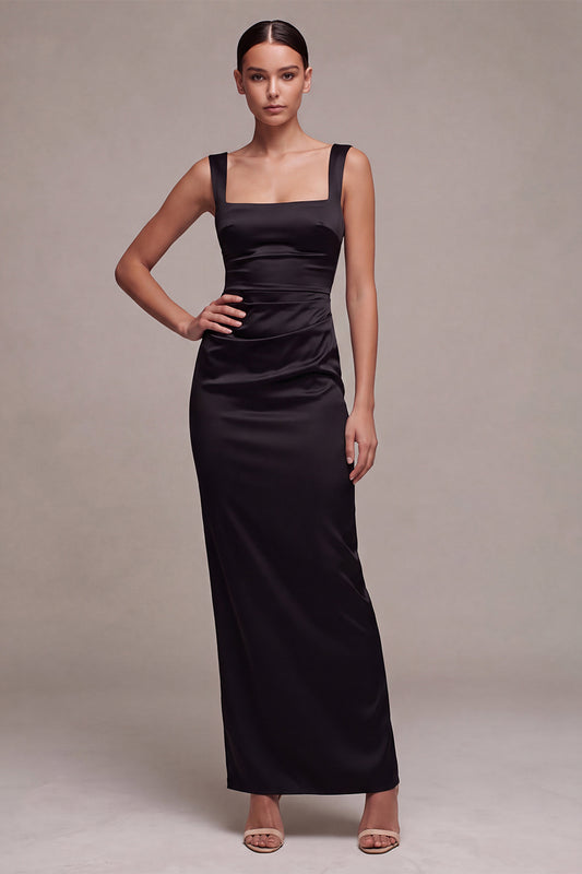 Black Sheath Satin Square Neck Ruched Long Formal Dress