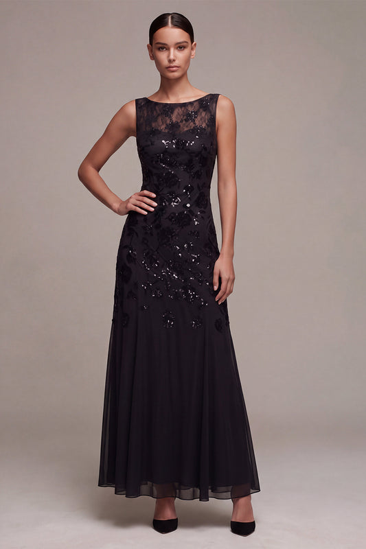 A Line Black Floral Sequin Sparkly Long Formal Dress