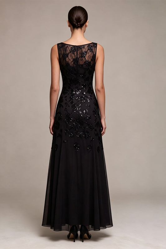 A Line Black Floral Sequin Sparkly Long Formal Dress