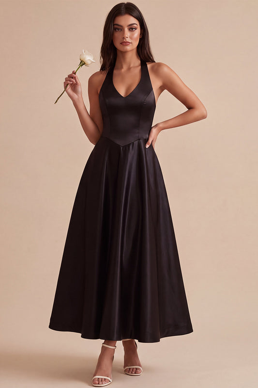 Black A Line Satin Halter Simple Long Formal Dress