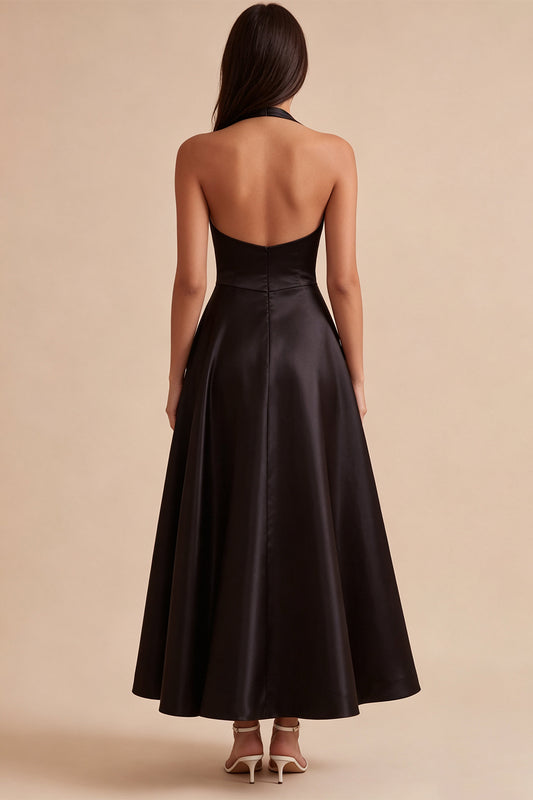 Black A Line Satin Halter Simple Long Formal Dress