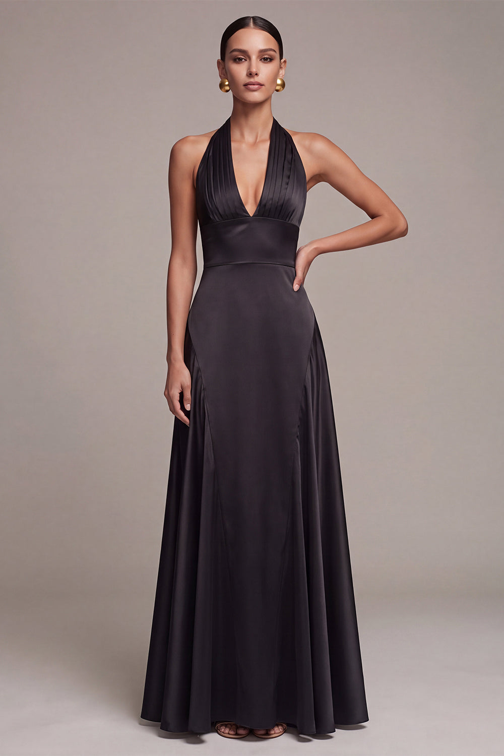 A Line Black Satin Halter Ruched Long Formal Dress