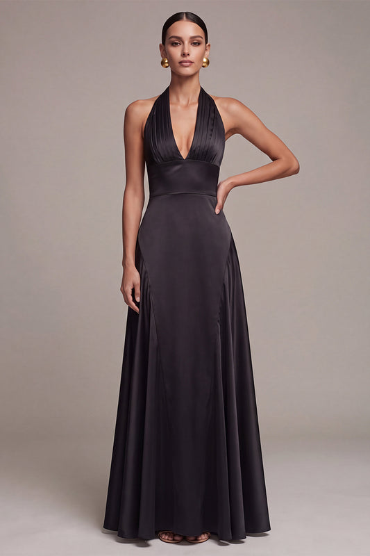 A Line Black Satin Halter Ruched Long Formal Dress