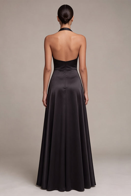 A Line Black Satin Halter Ruched Long Formal Dress