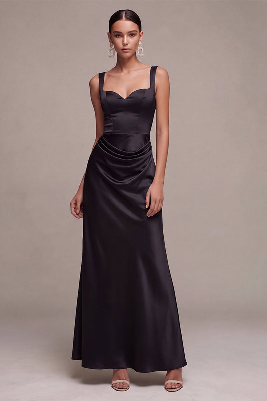 Black Satin Mermaid Draped Long Mermaid Formal Dress