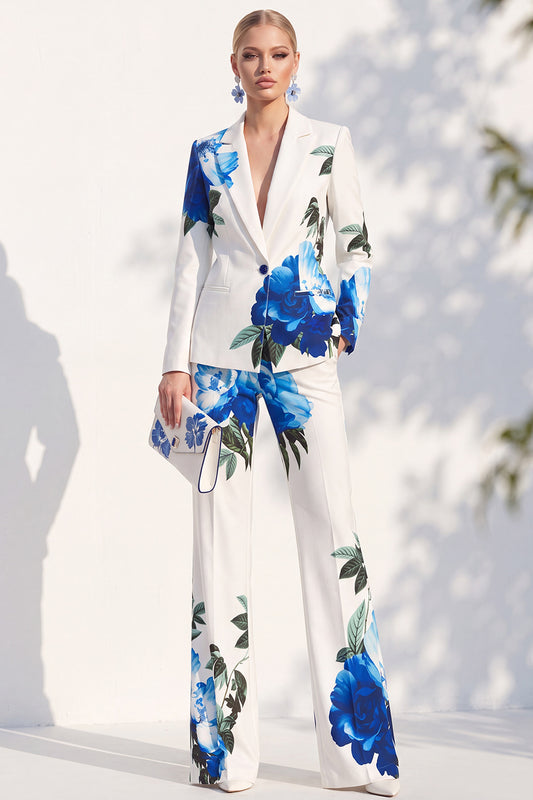 White Blue Flower One Button 2 Piece Peak Lapel Women Suits