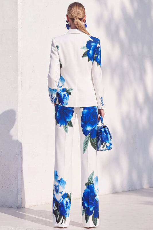 White Blue Flower One Button 2 Piece Peak Lapel Women Suits