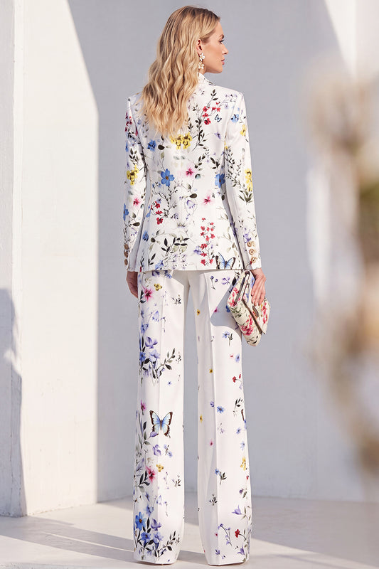 Floral White Peak Lapel Slim Fit 2 Piece One Button Women Suits