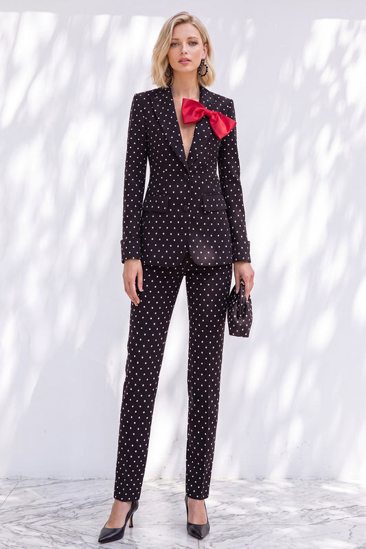 Black Polka Dots Peak Lapel Slim Fit 2 Piece Women Suits with Bow