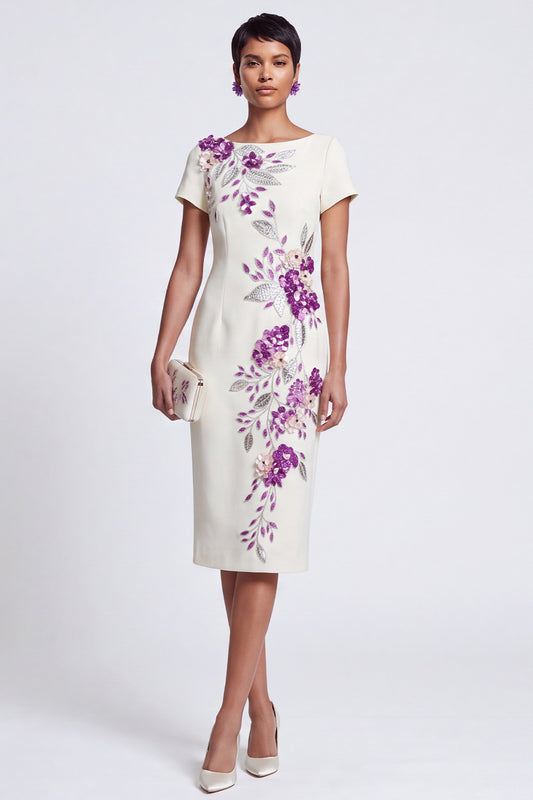 White Floral Sparkly Boat Neck Bodycon Midi Work Dress with Sleeves