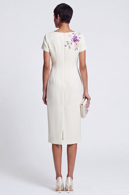 White Floral Sparkly Boat Neck Bodycon Midi Work Dress with Sleeves