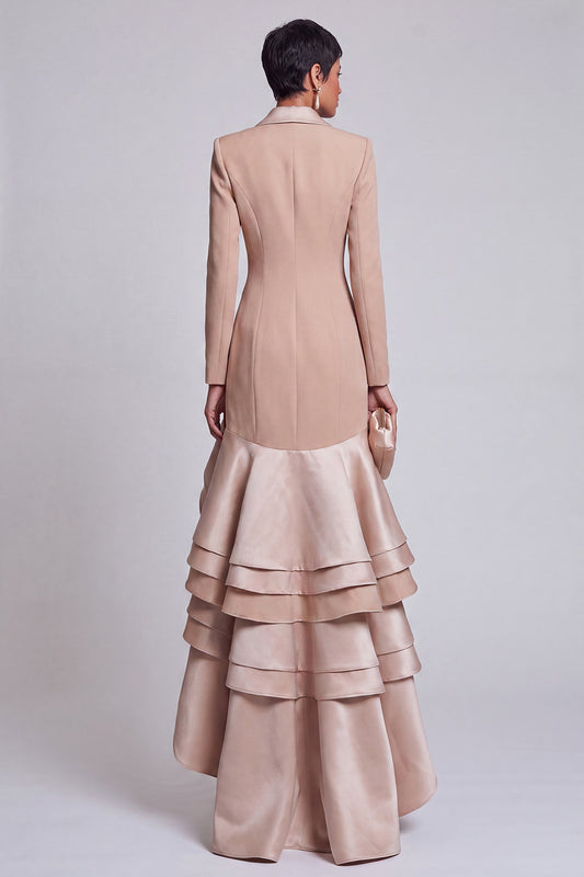 Ruffled Khaki Peak Lapel Double Breasted High-Low Blazer Dress