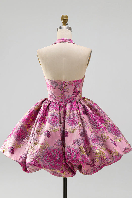 Red Flower Jacquard Halter A Line Bubble Short Homecoming Dress