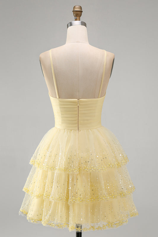 Yellow Tiered A Line Keyhole Short Homecoming Dress with Beading