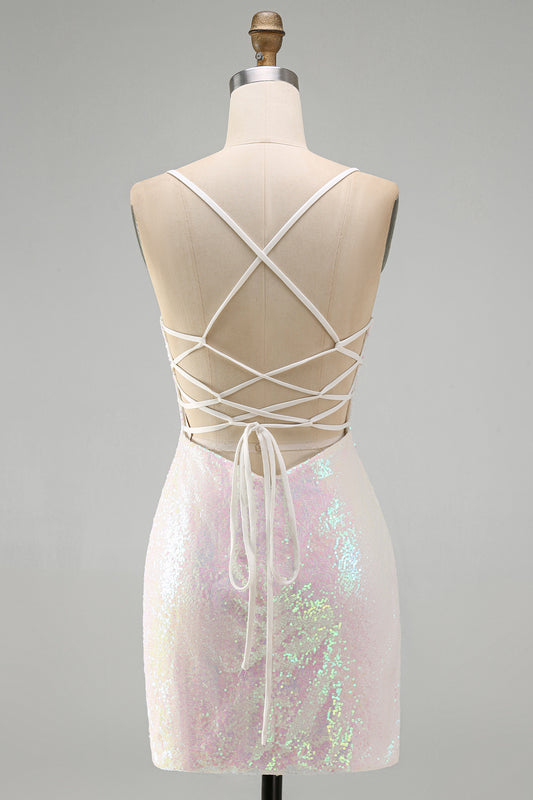 Sparkly Pink Floral Sequins Tight Scoop Neck Short Homecoming Dress