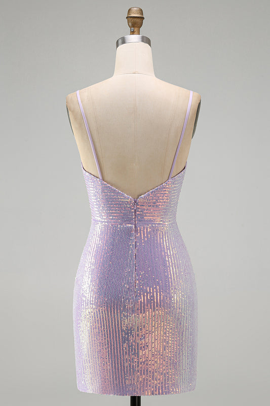 Lilac Sparkly Tight Cowl Short Sequin Homecoming Dress