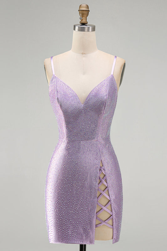 Sparkly Lilac Beaded Tight V-Neck Short Homecoming Dress with Slit