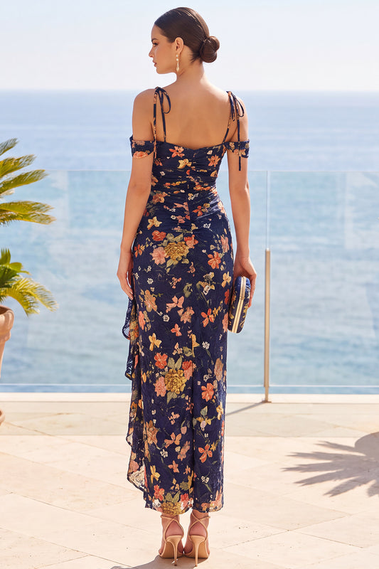 Navy Sheath Cold Shoulder Floral Ruffled Long Wedding Guest Dress with Slit