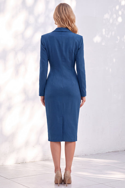 Blue Notched Lapel Ruched Midi Blazer Dress with Slit