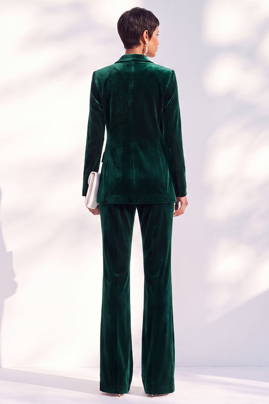 Dark Green One Button Peak Lapel Velvet 2 Piece Work Suits