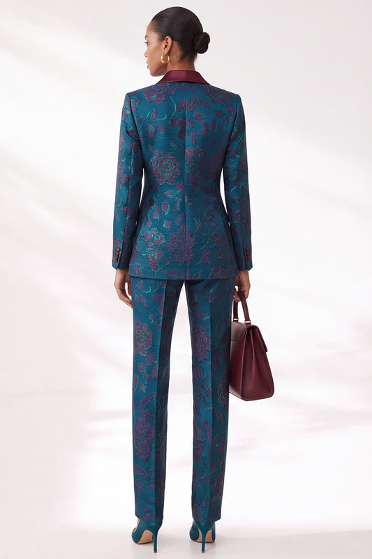 Dark Blue Jacquard Floral Peak Lapel Slim Fit 2-Piece Work Suits