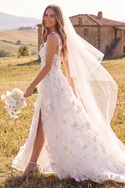 Floral White A-Line Corset Sweep Train Wedding Dress with Slit