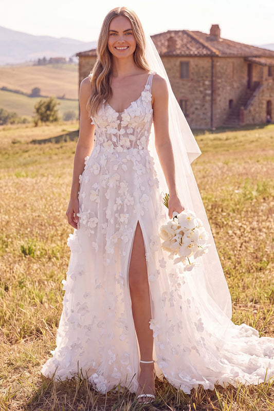 Floral White A-Line Corset Sweep Train Wedding Dress with Slit