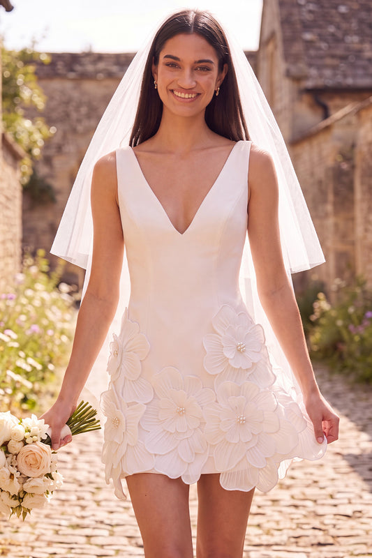White Floral A Line V-Neck Short Wedding Dress