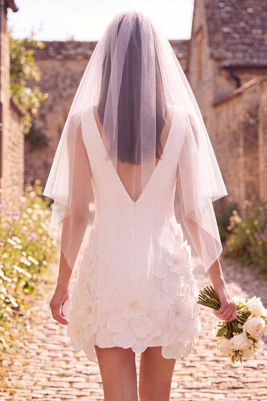 White Floral A Line V-Neck Short Wedding Dress