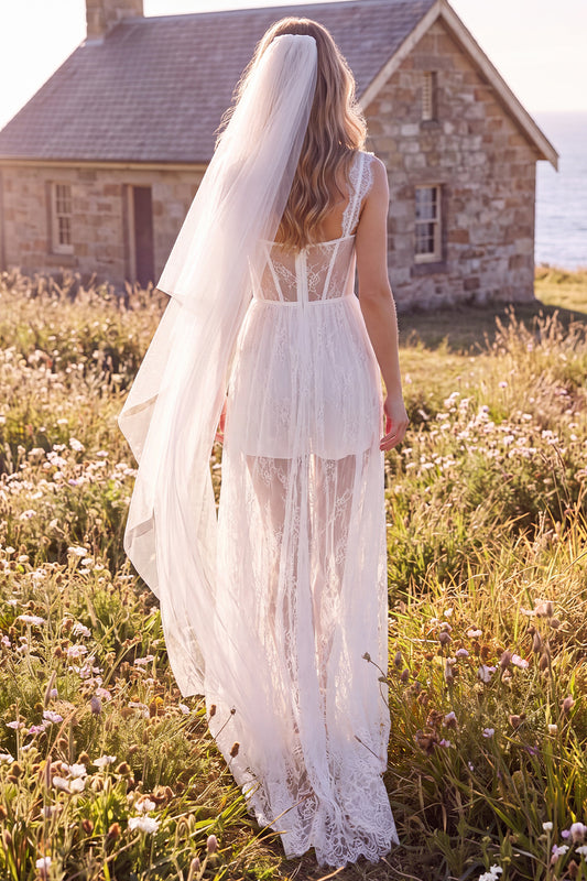White Corset Lace Sweep Train Boho Wedding Dress