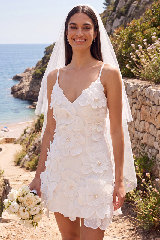 Floral Beaded White Bodycon V-Neck Short Wedding Dress