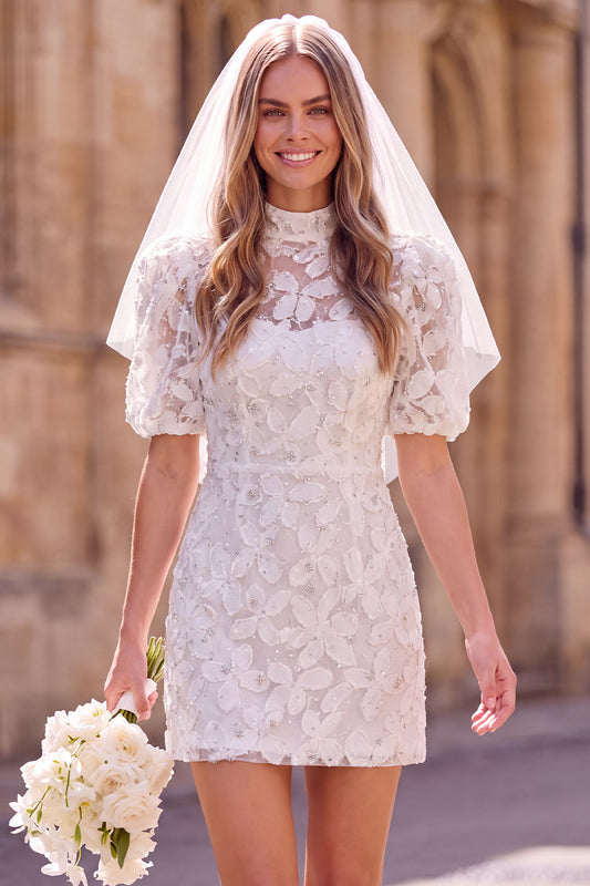 White Floral Bodycon High Neck Short Boho Wedding Dress with Sleeves