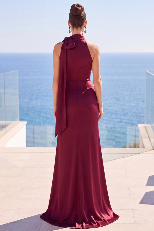 Burgundy Satin Sheath High Neck Ruched Long Formal Dress with Slit
