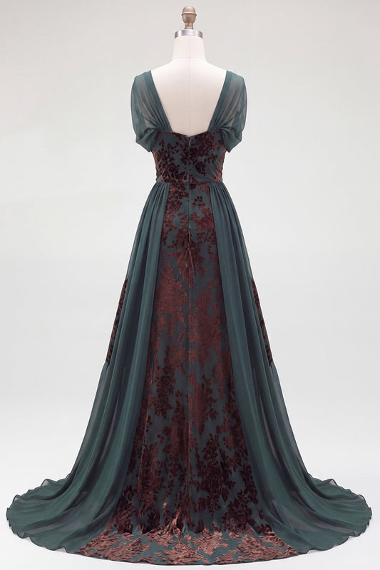 Dark Green Floral A Line Long Velvet Holiday Dress with Sleeves