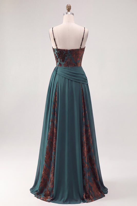 Dark Green Floral A Line Ruched Corset Long Velvet Holiday Dress