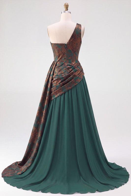 Dark Green A Line One Shoulder Ruched Long Velvet Holiday Dress