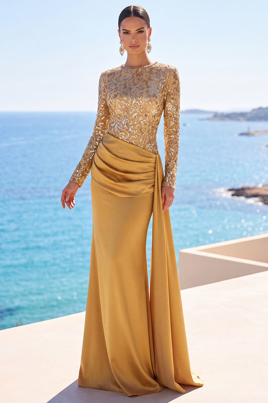 Sparkly Golden Sequin Mermaid Draped Long Sleeves Formal Dress with Sash