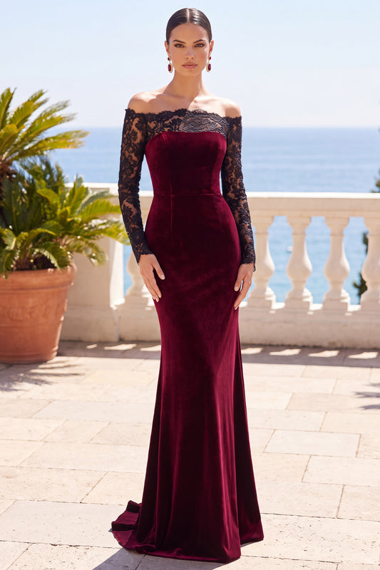 Burgundy Mermaid Long Sleeves Velvet Holiday Dress with Lace