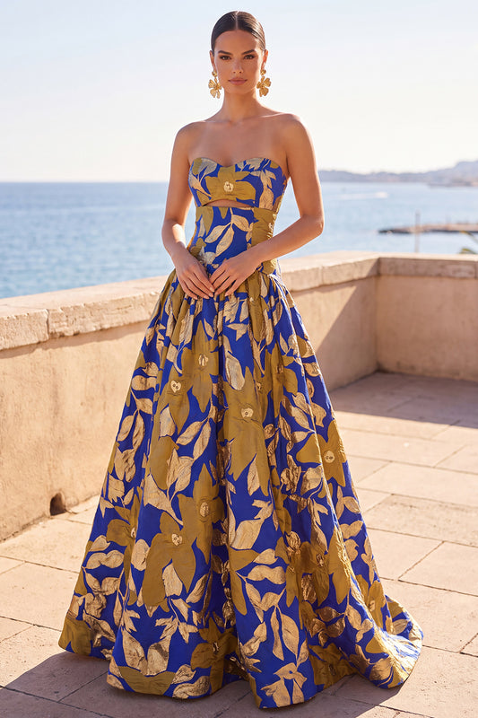 Blue Yellow Flower Jacquard A-Line Sweetheart Keyhole Long Formal Dress