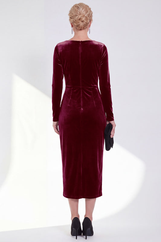 Burgundy Velvet Bateau Neck Ruched Midi Holiday Dress with Sleeves