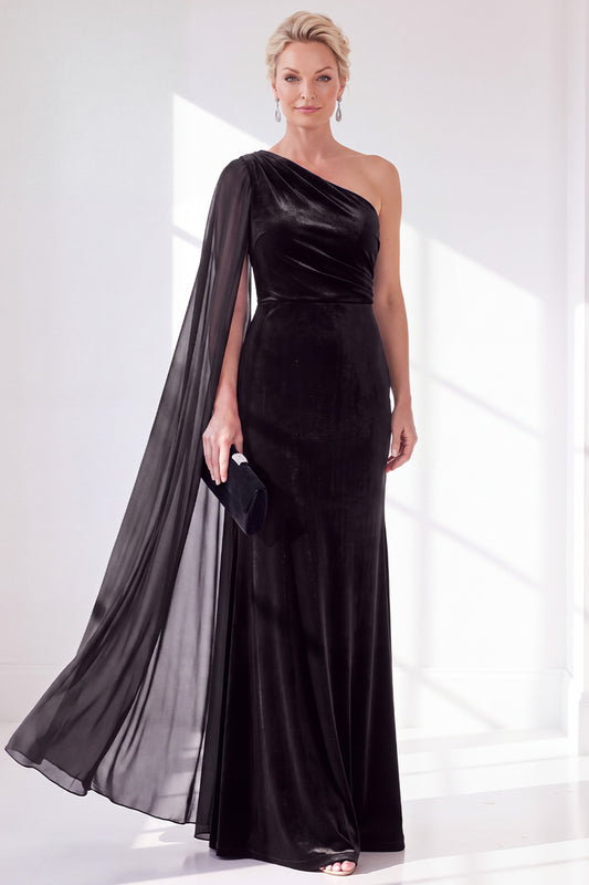 Black Velvet Sheath One Shoulder Ruched Long Holiday Dress with Side Cape