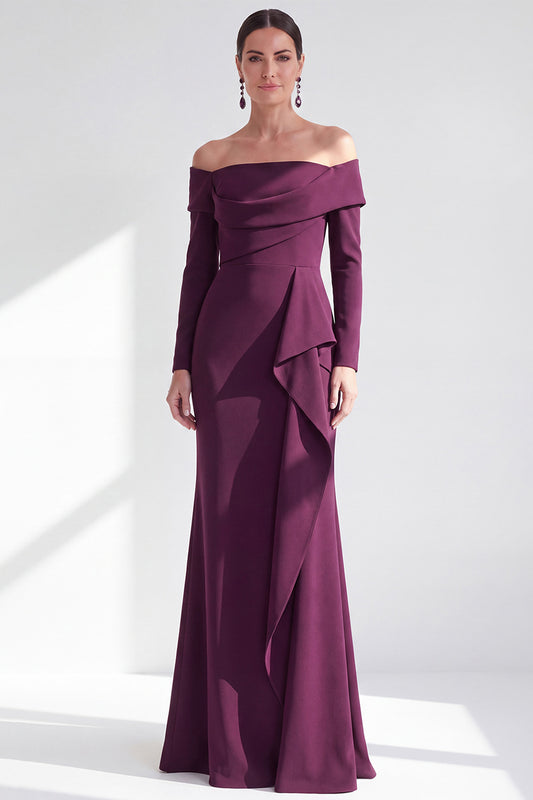 Dark Purple Mermaid Ruched Ruffled Long Sleeves Holiday Dress