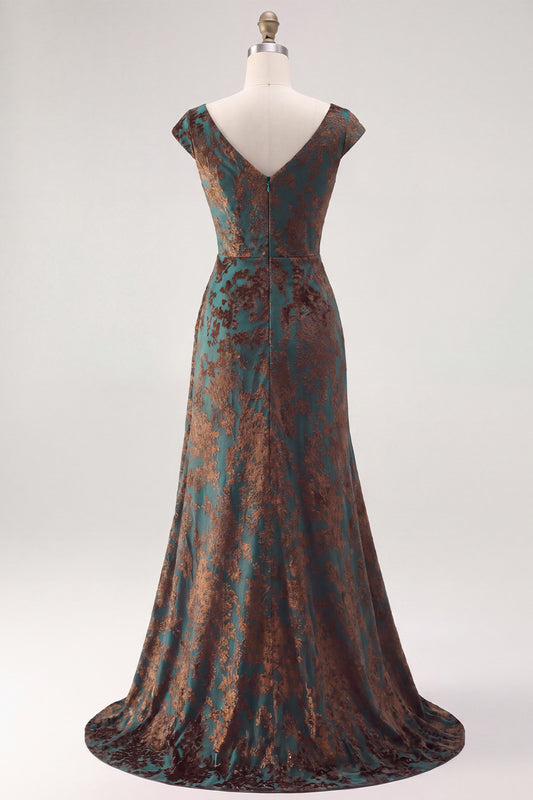 Dark Green Floral V-Neck Ruched Long Velvet Holiday Dress