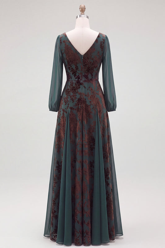 Dark Green Floral V-Neck Ruched Long Sleeves Velvet Holiday Dress with Sash