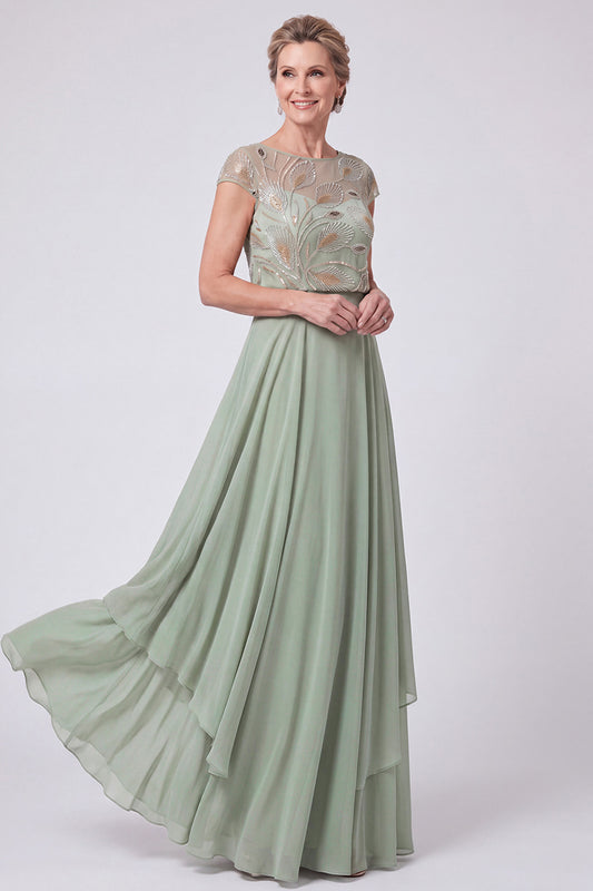 Green Beaded Illusion Boat Neck Cap Sleeves Chiffon Long Mother of the Bride Dress