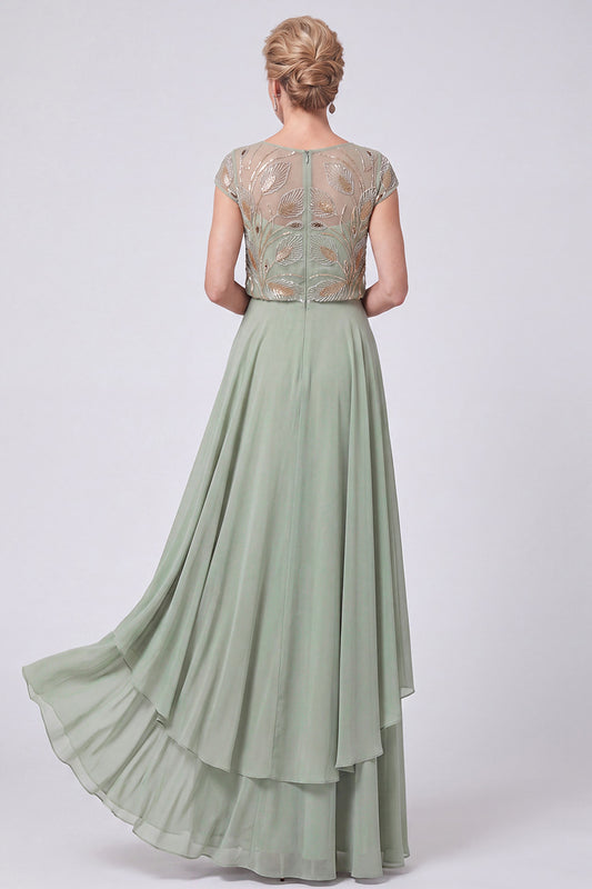 Green Beaded Illusion Boat Neck Cap Sleeves Chiffon Long Mother of the Bride Dress