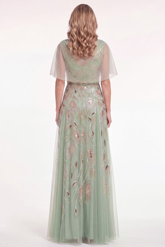 Green Tulle Beaded A Line Long Mother of the Bride Dress with Cape