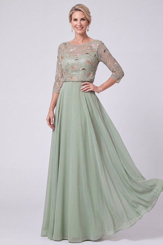 Green Beaded Chiffon A Line 3/4 Sleeves Long Mother of the Bride Dress