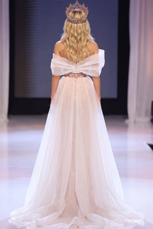 Sparkly Blush Sheath Ruched Sequin Floral Long Pageant Dress with Cape